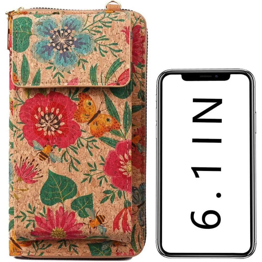 Small Cork Phone Bag Women Wallet with Card Slots Shoulder Strap for Cell Phones